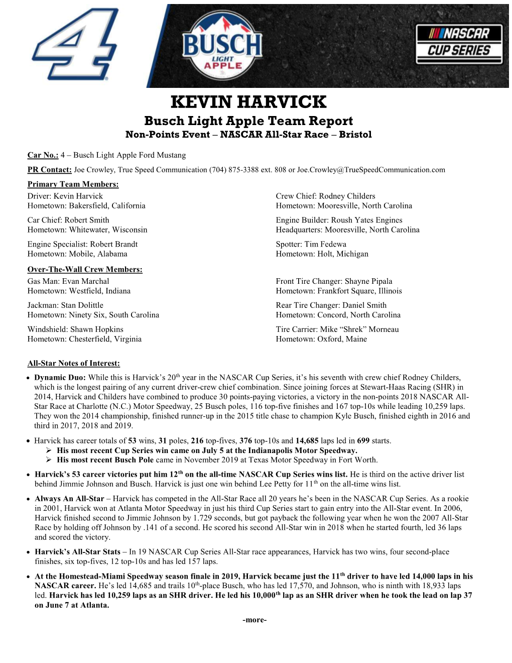 KEVIN HARVICK Busch Light Apple Team Report Non-Points Event – NASCAR All-Star Race – Bristol