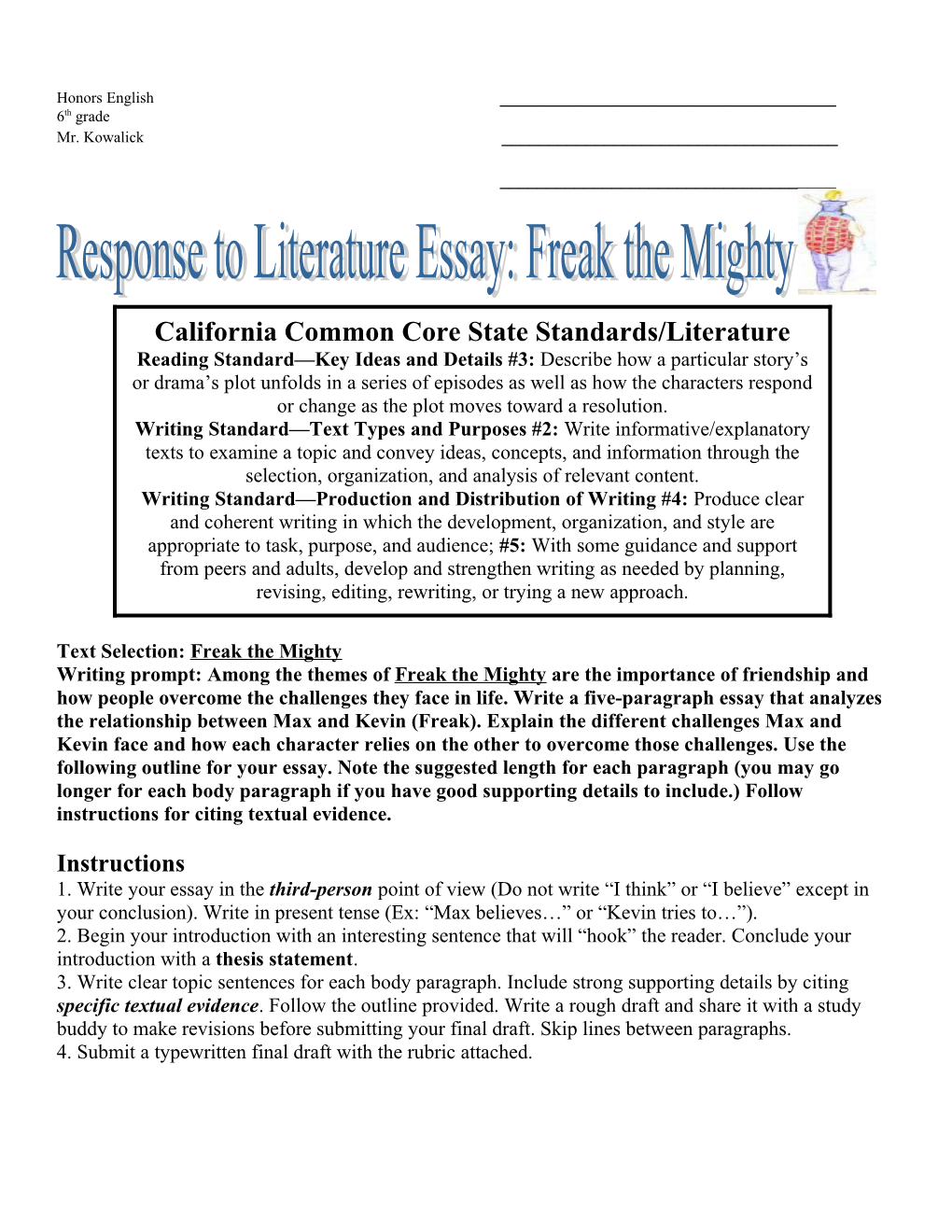 General Outline for Response to Literature Essay (Characterization)