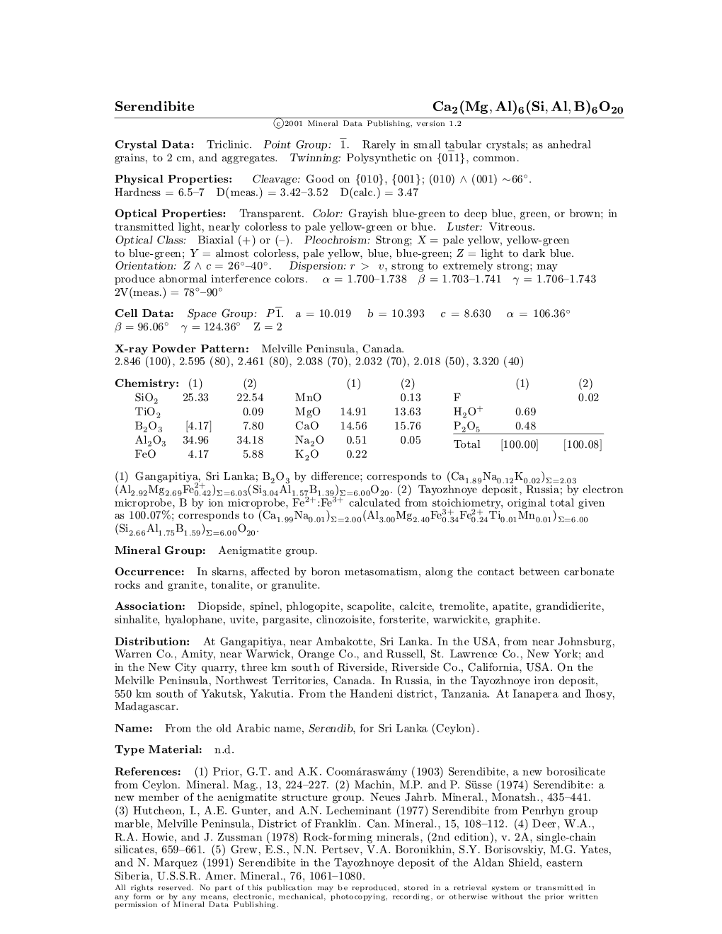 Serendibite Ca2(Mg; Al)6(Si; Al; B)6O20 C 2001 Mineral Data Publishing, Version 1.2 ° Crystal Data: Triclinic