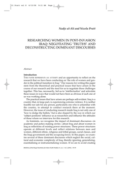 Researching Women in Post-Invasion Iraq: Negotiating ‘Truths’ and Deconstructing Dominant Discourses