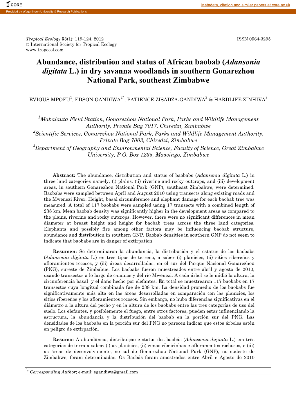 Abundance, Distribution and Status of African Baobab (Adansonia Digitata L.) in Dry Savanna Woodlands in Southern Gonarezhou National Park, Southeast Zimbabwe