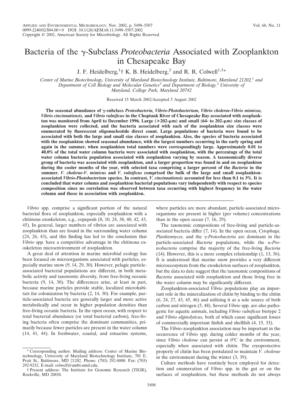 Subclass Proteobacteria Associated with Zooplankton in Chesapeake Bay J