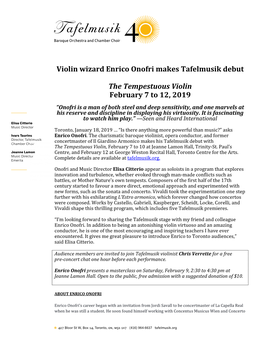 Violin Wizard Enrico Onofri Makes Tafelmusik Debut the Tempestuous Violin February 7 to 12, 2019