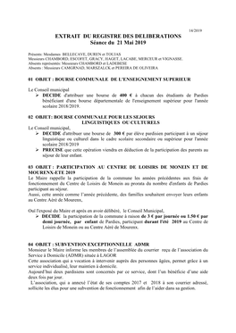 EXTRAIT DU REGISTRE DES DELIBERATIONS Séance Du 21 Mai 2019