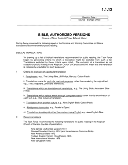 BIBLE, AUTHORIZED VERSIONS Diocese of Nova Scotia & Prince Edward Island