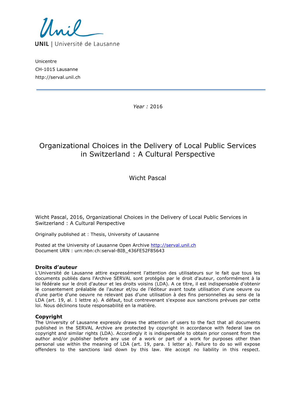 Organizational Choices in the Delivery of Local Public Services in Switzerland : a Cultural Perspective