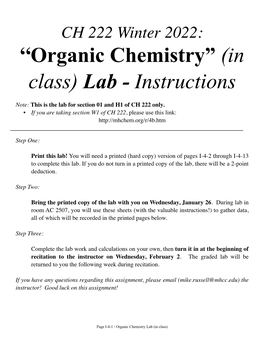 Organic Chemistry” (In Class) Lab - Instructions
