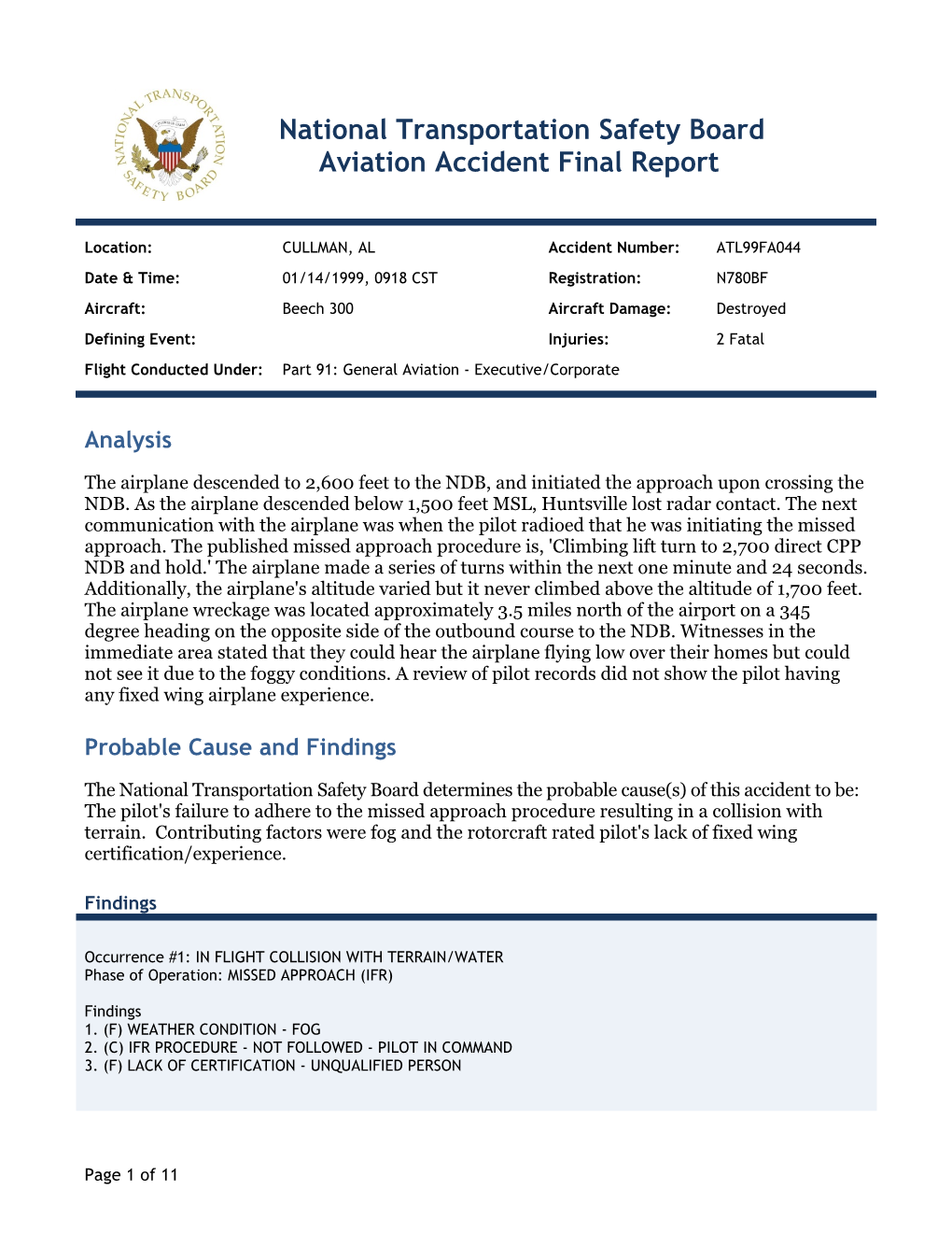 National Transportation Safety Board Aviation Accident Final Report