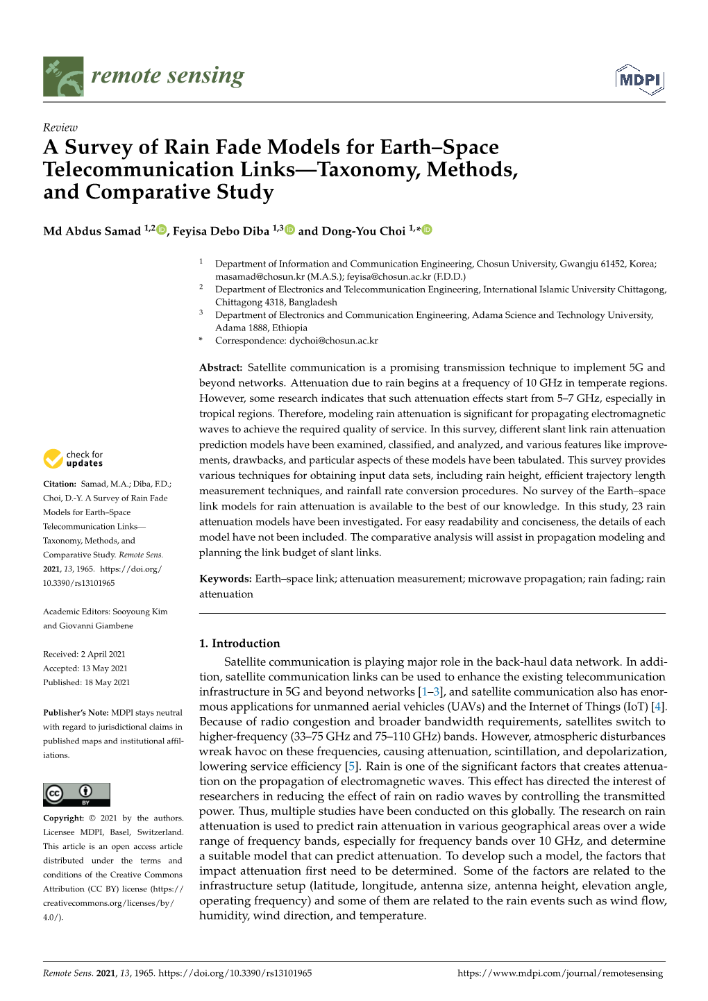 A Survey of Rain Fade Models for Earth–Space Telecommunication Links—Taxonomy, Methods, and Comparative Study