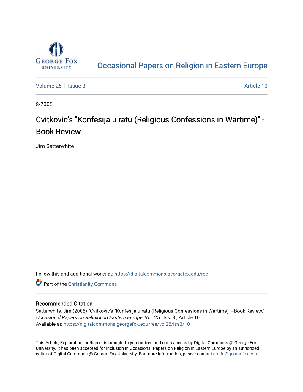 Cvitkovic's "Konfesija U Ratu (Religious Confessions in Wartime)" - Book Review