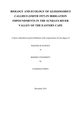 Biology and Ecology of Glossogobius Callidus (Smith 1937) in Irrigation Impoundments in the Sundays River Valley of the Eastern Cape