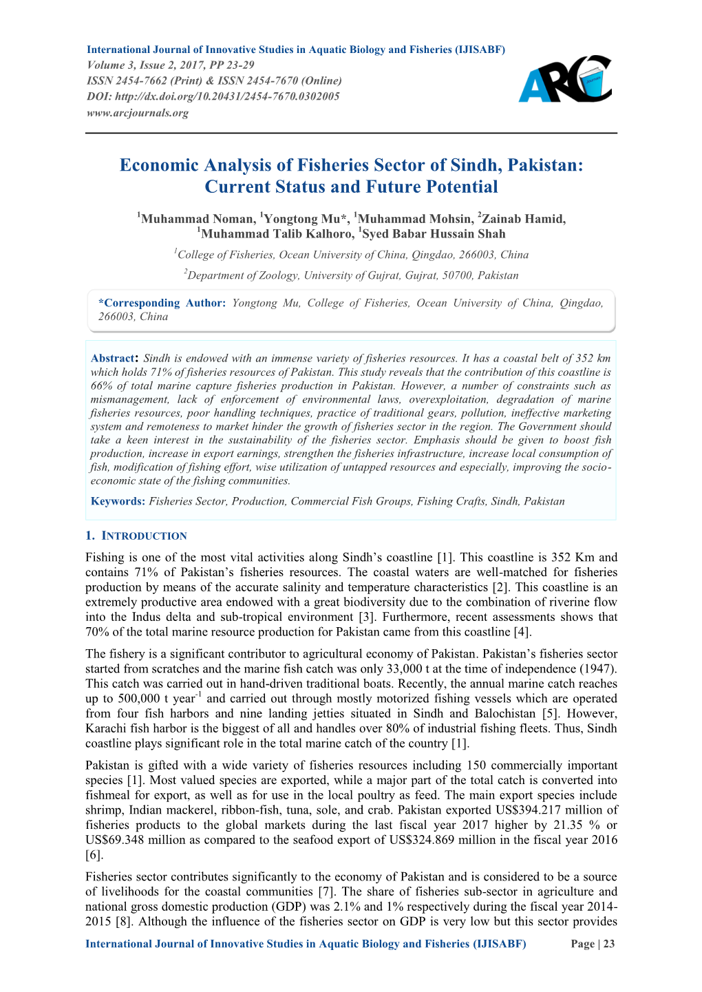 Economic Analysis of Fisheries Sector of Sindh, Pakistan: Current Status and Future Potential