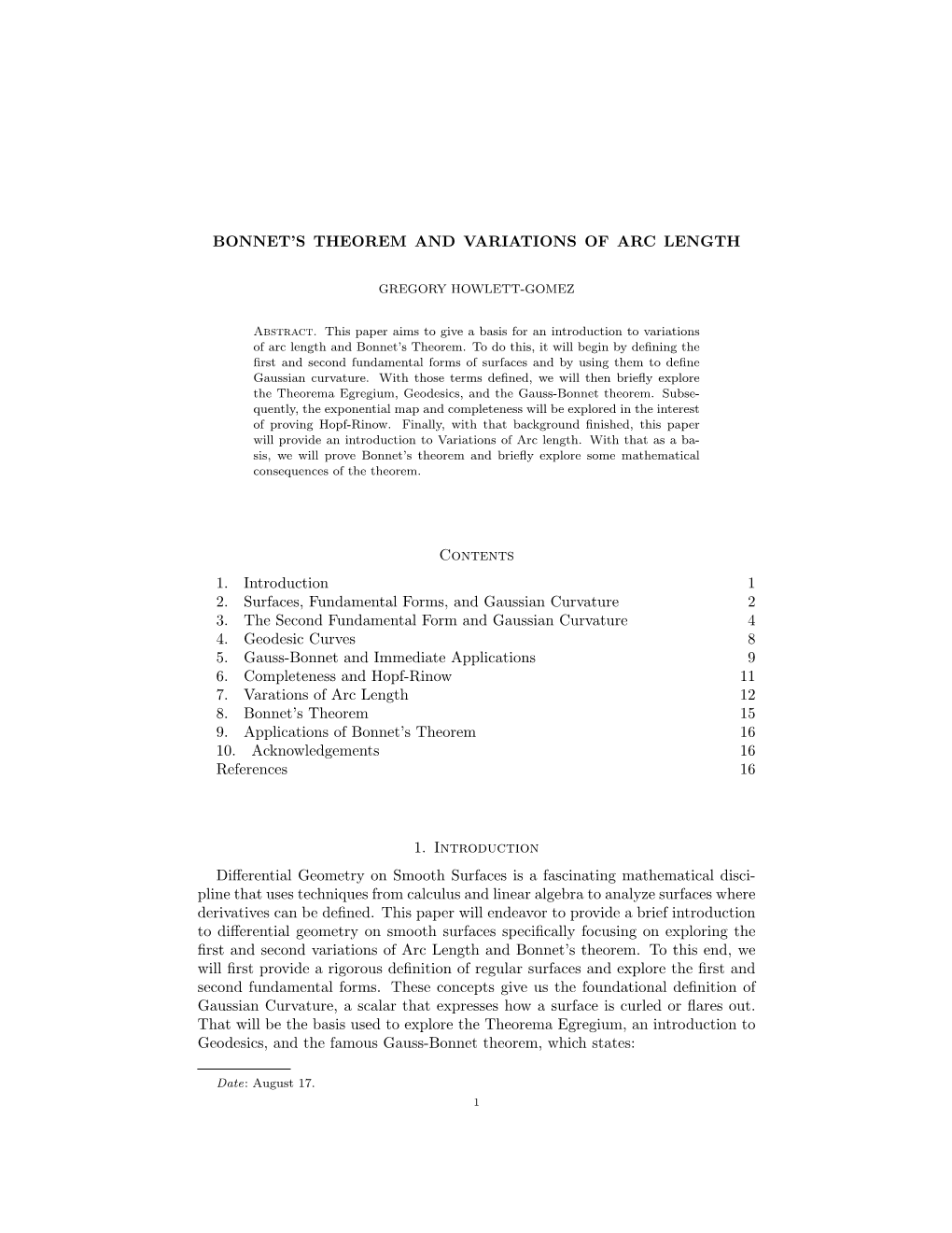 Bonnet's Theorem and Variations of Arc Length