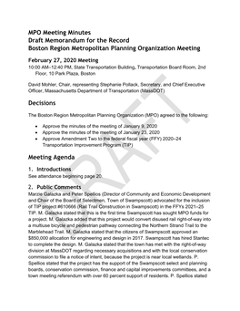 Meeting Minutes Draft Memorandum for the Record Boston Region Metropolitan Planning Organization Meeting
