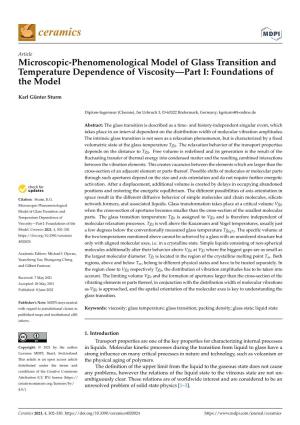 Microscopic-Phenomenological Model of Glass Transition and Temperature Dependence of Viscosity—Part I: Foundations of the Model