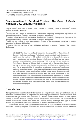 Transformation to Eco-Agri Tourism: the Case of Casile, Cabuyao City, Laguna, Philippines