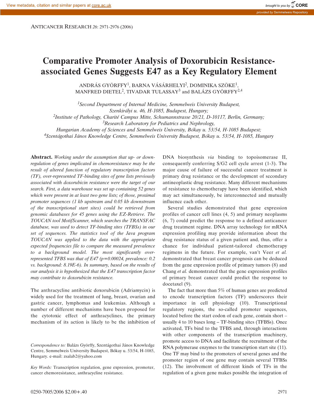 Comparative Promoter Analysis of Doxorubicin Resistance- Associated Genes Suggests E47 As a Key Regulatory Element