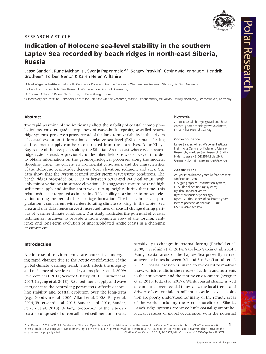 Indication of Holocene Sea-Level Stability in the Southern Laptev Sea Recorded by Beach Ridges in North-East Siberia, Russia