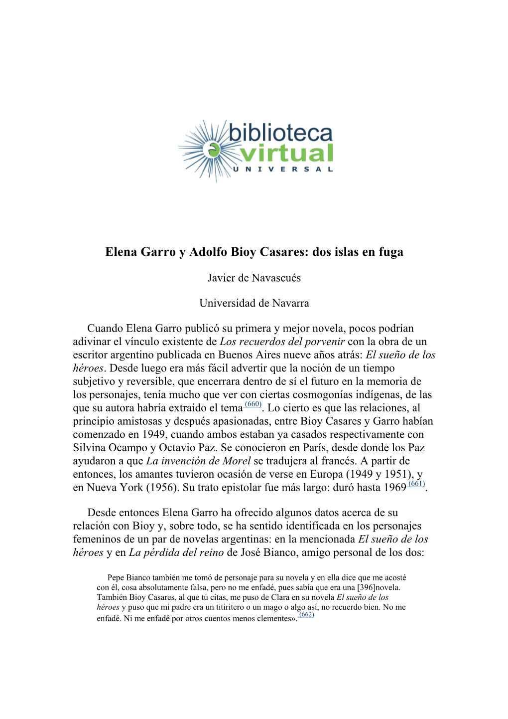 Elena Garro Y Adolfo Bioy Casares: Dos Islas En Fuga