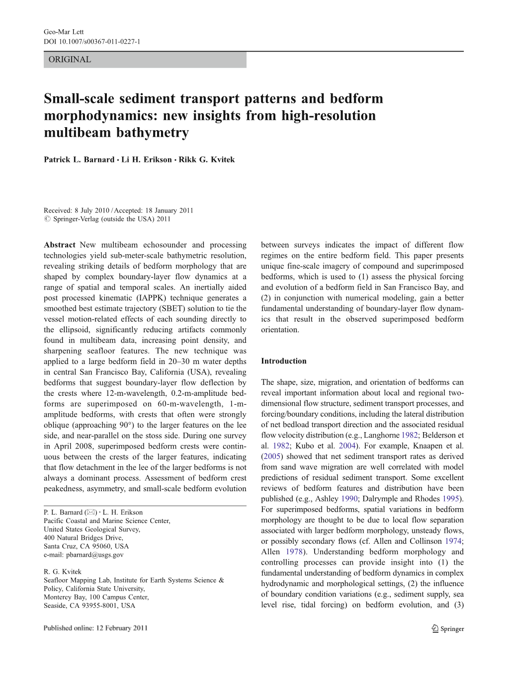 Small-Scale Sediment Transport Patterns and Bedform Morphodynamics: New Insights from High-Resolution Multibeam Bathymetry