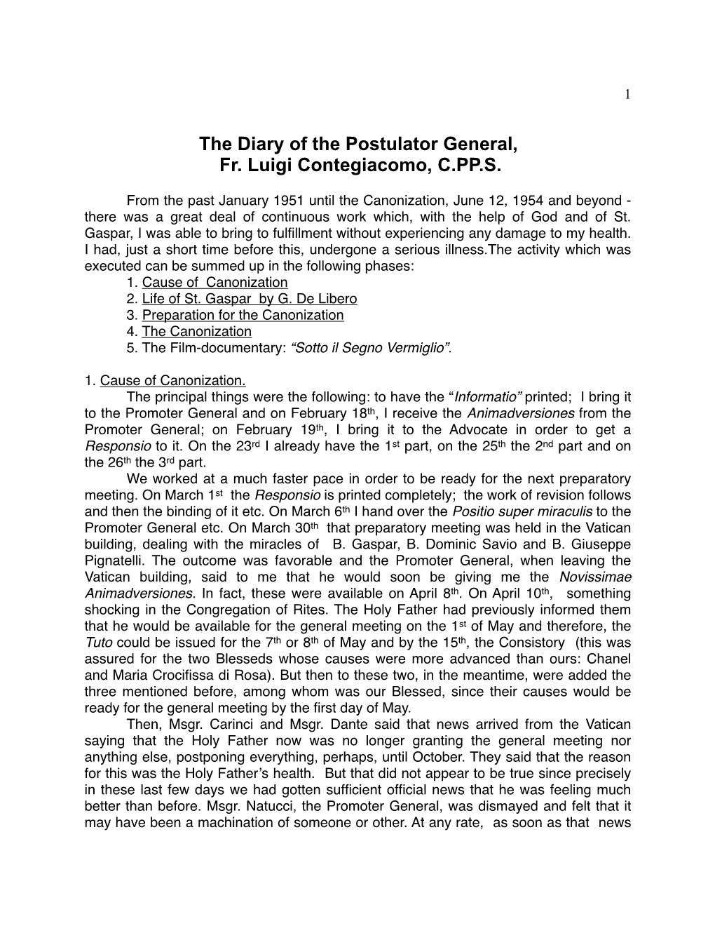 The Diary of the Postulator General, Fr. Luigi Contegiacomo, C.PP.S