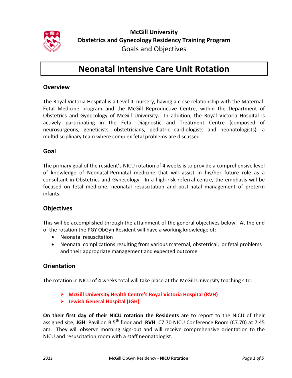 NICU Rotation Objectives for Residents in Obstetrics & Gynecology