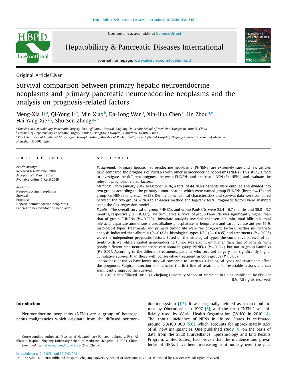 Survival Comparison Between Primary Hepatic Neuroendocrine Neoplasms and Primary Pancreatic Neuroendocrine Neoplasms and the Analysis on Prognosis-Related Factors