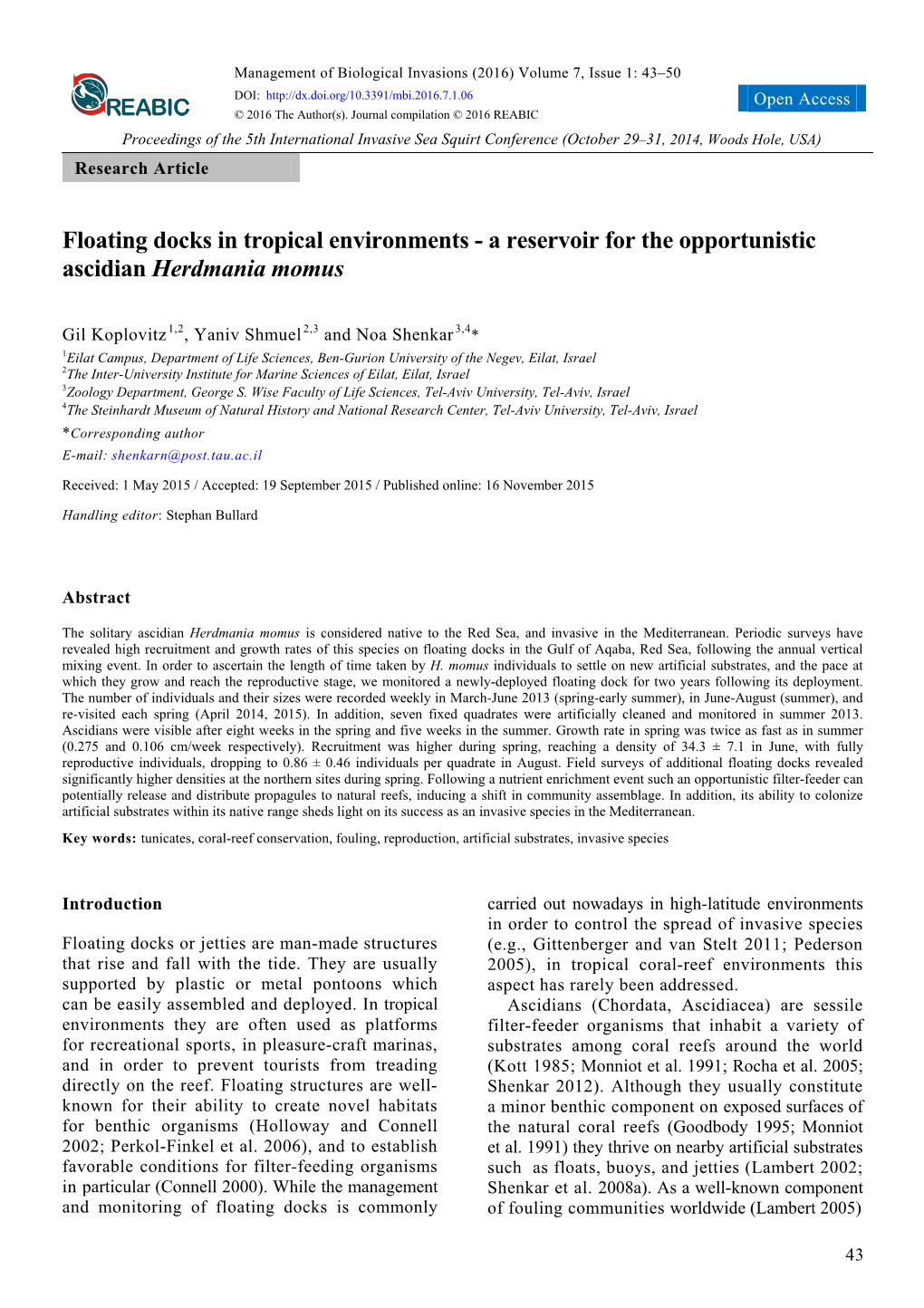 Floating Docks in Tropical Environments - a Reservoir for the Opportunistic Ascidian Herdmania Momus