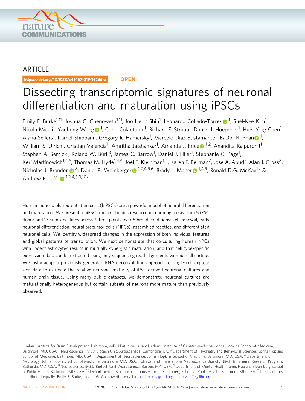 Dissecting Transcriptomic Signatures of Neuronal Differentiation and Maturation Using Ipscs