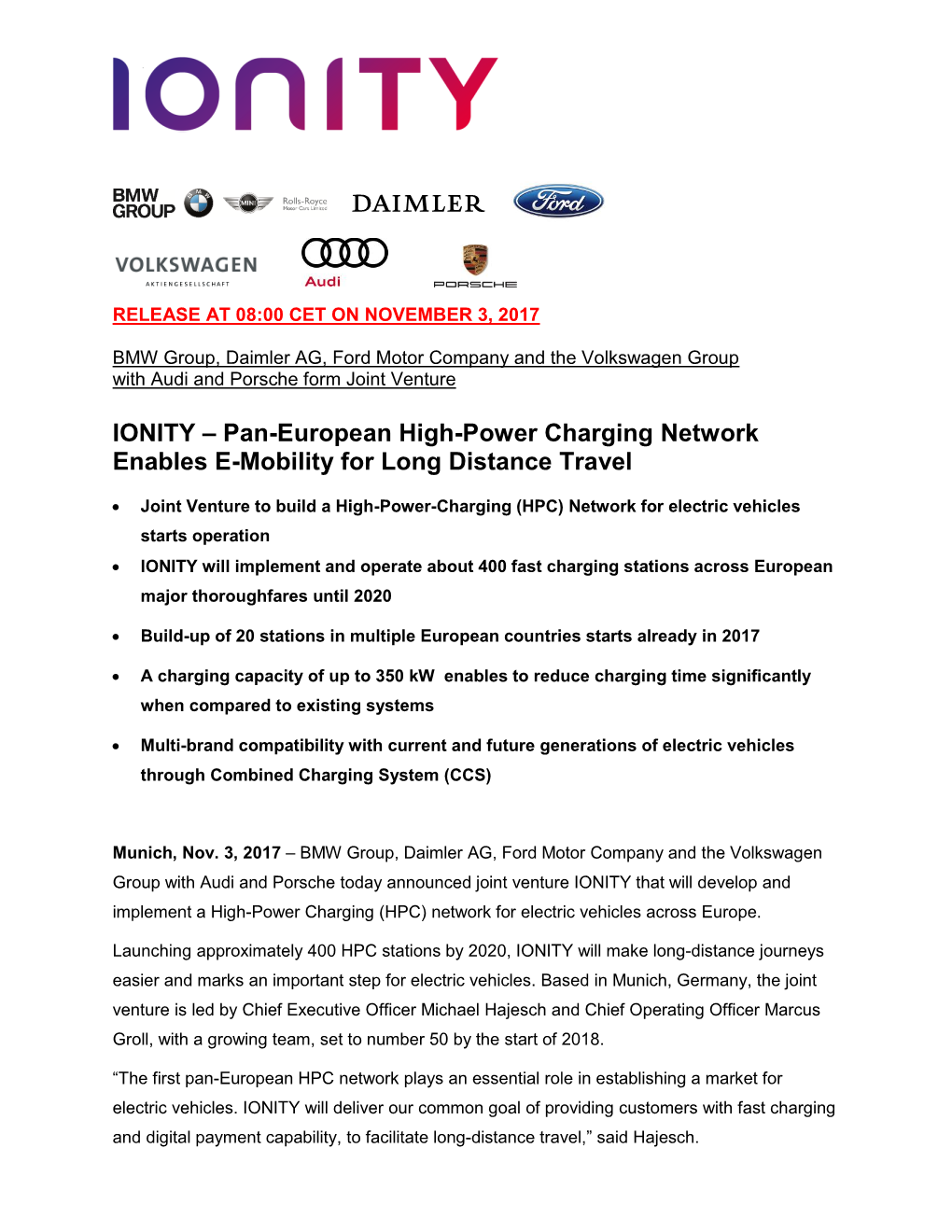 IONITY – Pan-European High-Power Charging Network Enables E-Mobility for Long Distance Travel