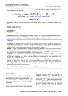 Anatomical Arrangement of the Lobar Bronchi, Broncho- Pulmonary Segments and Their Variations