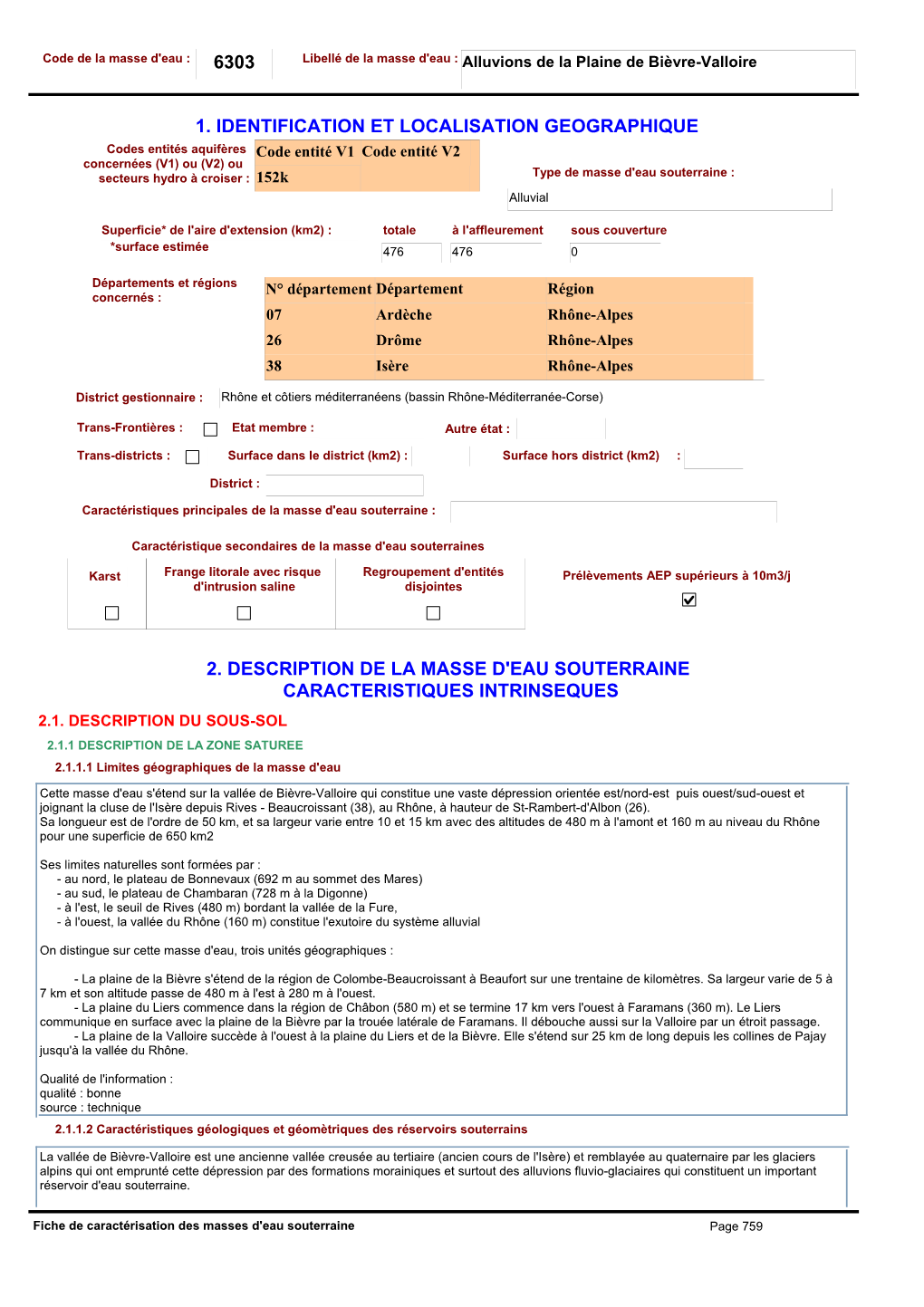 6303 1. Identification Et Localisation Geographique 2. Description De La Masse D'eau Souterraine Caracteristiques Intrinseques