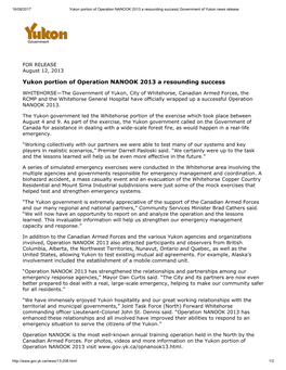 Yukon Portion of Operation NANOOK 2013 a Resounding Success| Government of Yukon News Release
