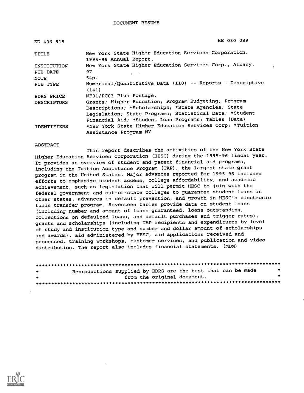 DOCUMENT RESUME HE 030 089 New York State Higher Education