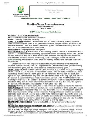 OHSAA News Release May 30, 2004 BASEBALL STATE TOURNAMENTS