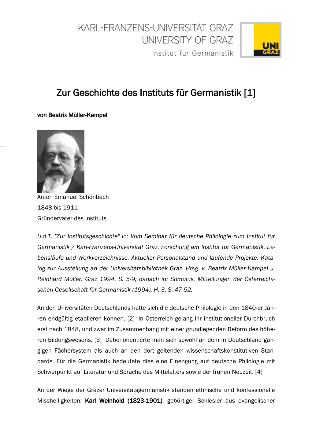 Zur Geschichte Des Instituts Für Germanistik [1] Von Beatrix Müller-Kampel