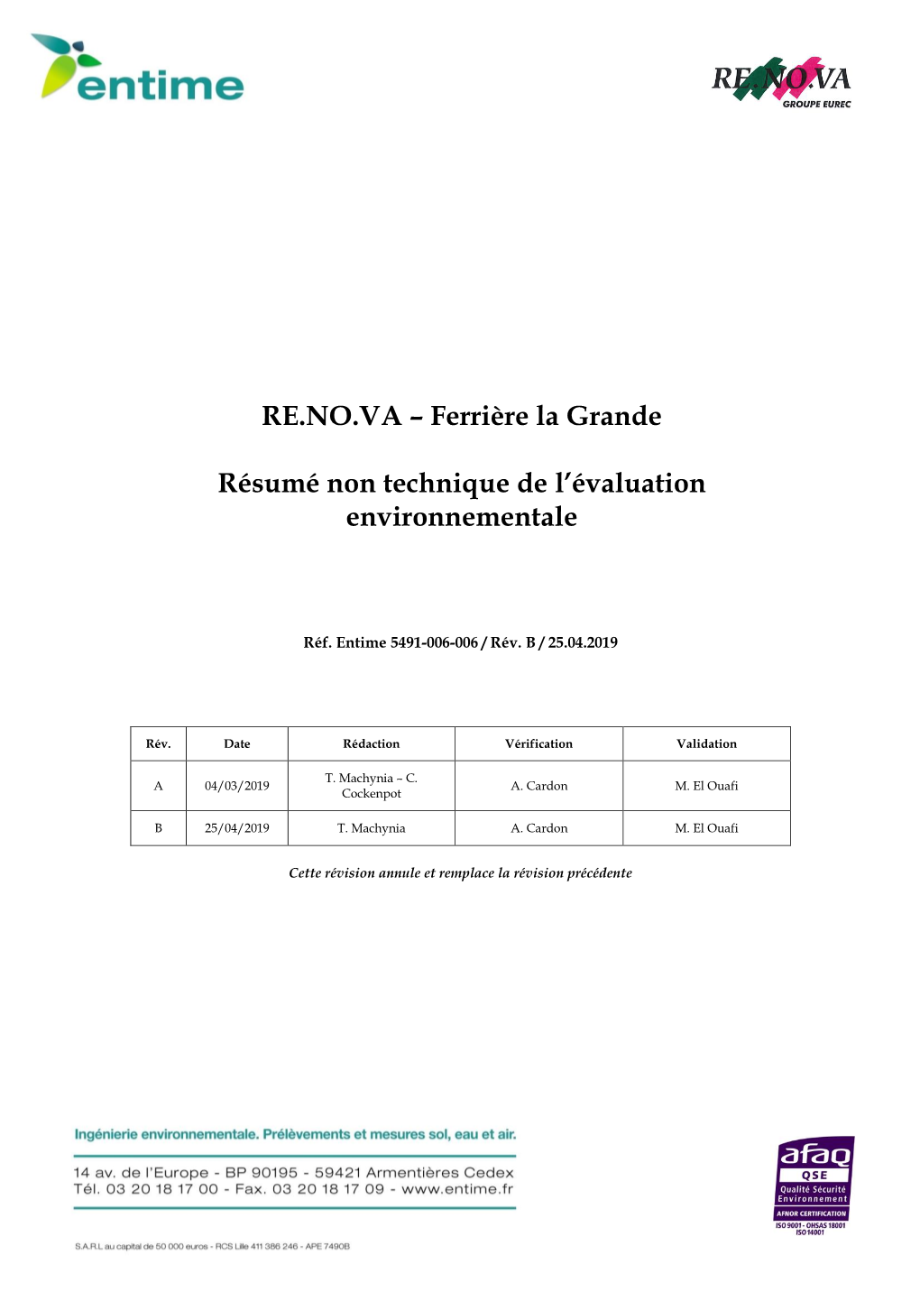 RE.NO.VA – Ferrière La Grande Résumé Non Technique De L