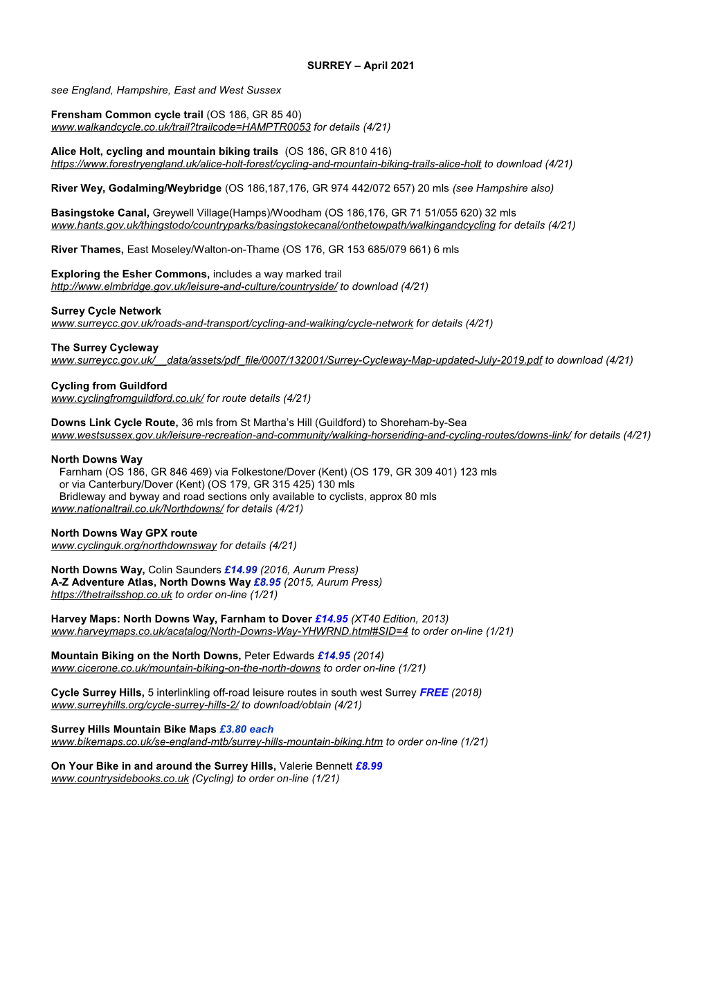 SURREY – April 2021 See England, Hampshire, East and West Sussex