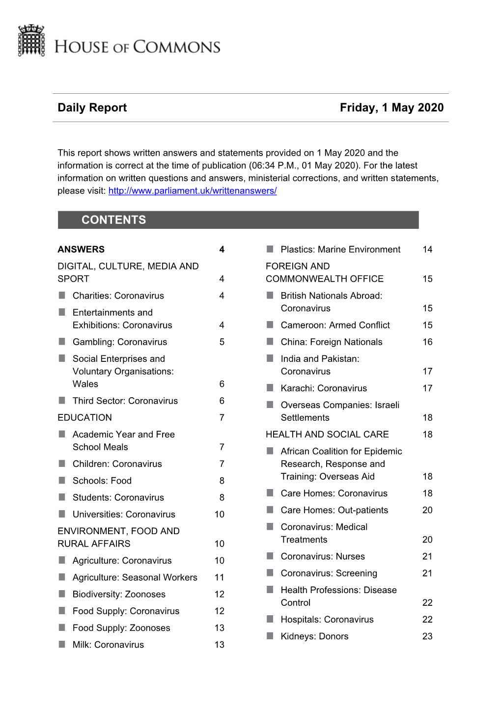 Daily Report Friday, 1 May 2020 CONTENTS