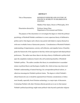ABSTRACT Title of Dissertation: REINHOLD NIEBUHR