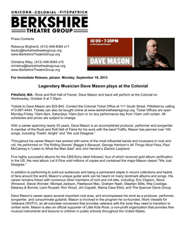 Legendary Musician Dave Mason Plays at the Colonial