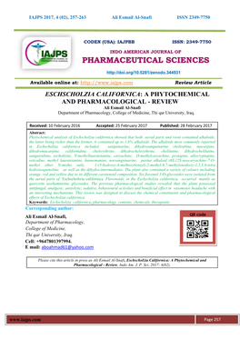 ESCHSCHOLZIA CALIFORNICA: a PHYTOCHEMICAL and PHARMACOLOGICAL - REVIEW Ali Esmail Al-Snafi Department of Pharmacology, College of Medicine, Thi Qar University, Iraq