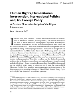Human Rights, Humanitarian Intervention, International Politics And, US Foreign Policy a Feminist Normative Analysis of the Libyan Intervention