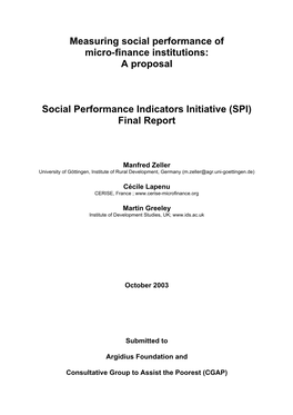 Social Performance Indicators Initiative (SPI): Summary Report Phase 1