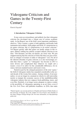 Videogame Criticism and Games in the Twenty-First Century