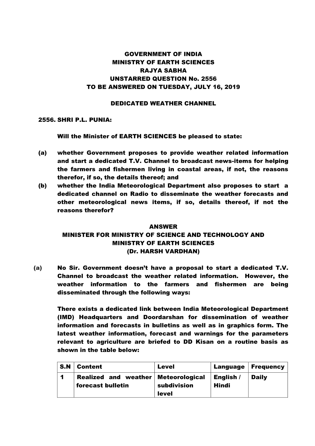 GOVERNMENT of INDIA MINISTRY of EARTH SCIENCES RAJYA SABHA UNSTARRED QUESTION No