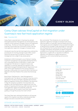 Carey Olsen Advises Vinacapital on First Migration Under Guernsey's New Fast Track Application Regime