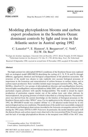 Modeling Phytoplankton Blooms and Carbon Export Production in the Southern Ocean: Dominant Controls by Light and Iron in the Atlantic Sector in Austral Spring 1992 C