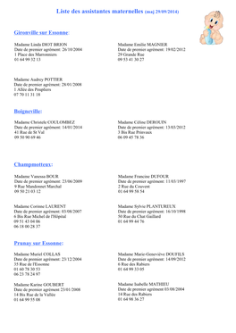Liste Des Assistantes Maternelles (Maj 29/09/2014)