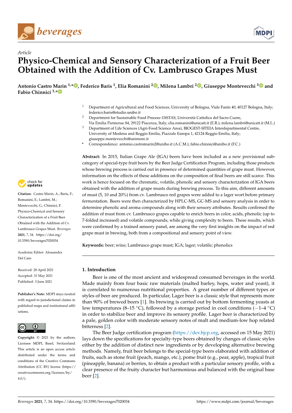 Physico-Chemical and Sensory Characterization of a Fruit Beer Obtained with the Addition of Cv